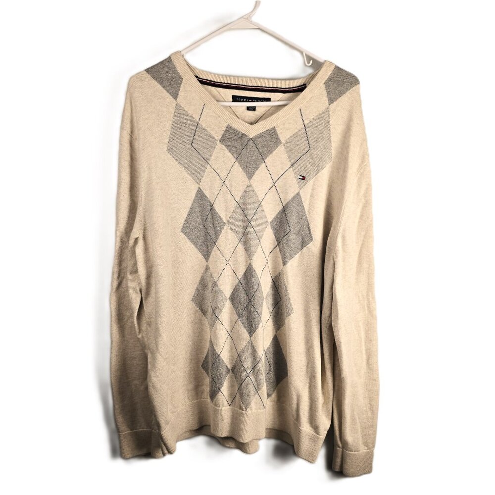 Tommy Hilfiger Mens Argyle Sweater XXL Cream Gray Long Sleeve V-Neck 100% Cotton